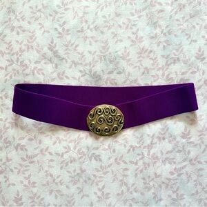 Vintage Deep Violet Elastic Belt with Round Buckle and Swirl Details